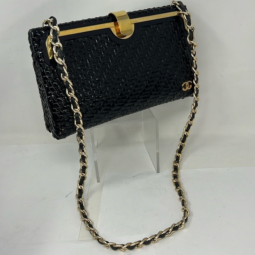 Greta Italy Vintage Black Lacquered Woven Structured Wicker Clutch Shoulder Bag